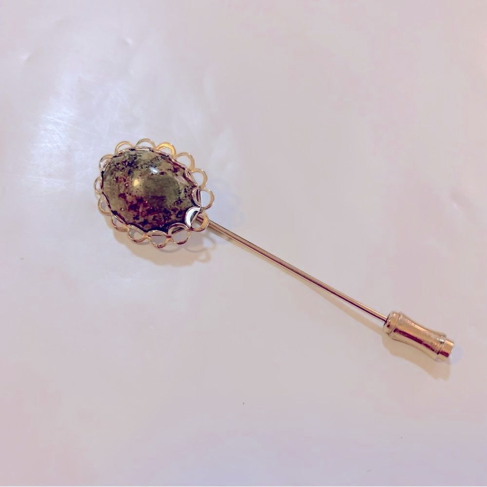 Vintage Unakite Jasper Stick Pin Gold Tone Metal 2.5” Gorgeous